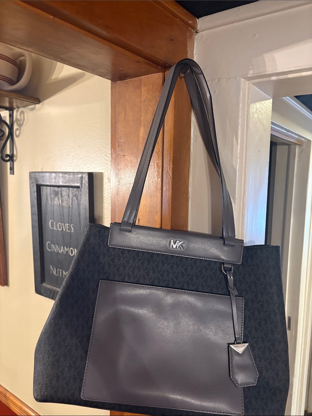 Michael Kors Black and Dark Gray Shoulder Tote with MK Logo